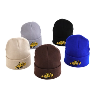 Kids ribbed knit beanie collection with yellow excavator embroidery in five assorted colors