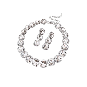 Vintage style round crystal necklace and pendant earrings jewelry set in silver finish