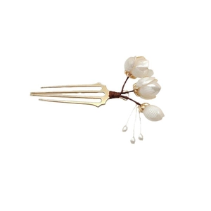 Épingle à cheveux magnolia blanc avec fleurs dorées et glands perlés pour Hanfu