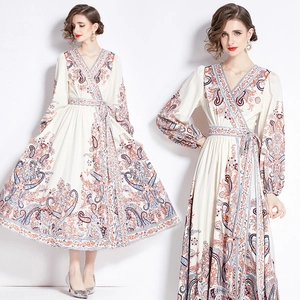 Damen Vintage Paisley Print Maxikleid V Ausschnitt Lange Laternenärmel Taillenband Boho Elegantes Frühlingskleid