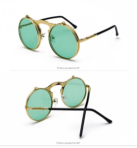 Steampunk flip-up sunglasses with golden metal frames shown in 90 and 180 degree views