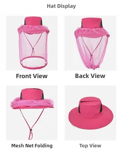 Detail view of rose red sun hat featuring folding mosquito net and zipper pocket