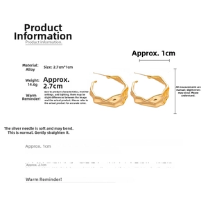 Detail view of gold C-shape hoop earrings with molten texture and size dimensions