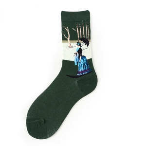 Detail of oil painting jacquard pattern on dark green cotton blend crew socks