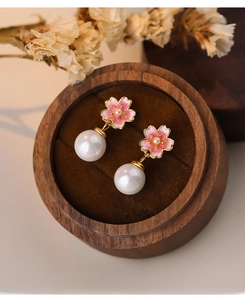 Detail of S999 silver cherry blossom stud earrings with pink enamel and white pearls
