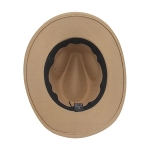 Detail view of khaki fedora interior showing the size 57 label and sweatband