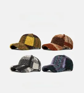 Detailed grid of lamb wool baseball caps in four colorful plaid patterns for winter