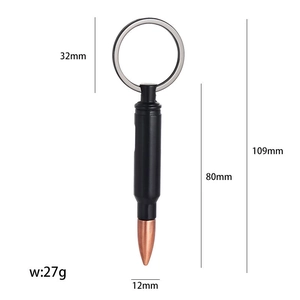 Tactical bullet bottle opener keychain with dimensions 109x12mm in black and copper finish