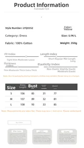 Guide des tailles pour la robe longue en coton col V avec mesures détaillées pour S, M et L