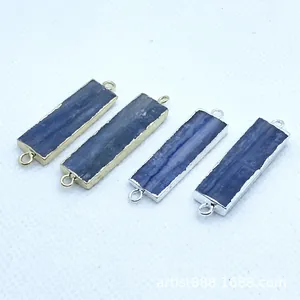 Natural blue kyanite rectangular connector pendant with gold and silver plated metal edges