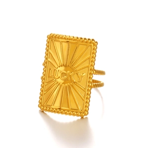 Golden stainless steel rectangle ring with LUCKY engraving and beaded edge detail