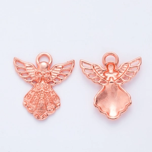 Detailed macro view of rose gold angel-shaped zinc alloy pendants for DIY jewelry making