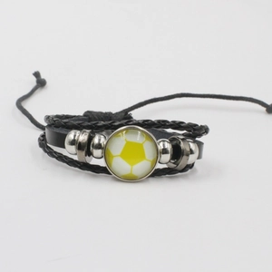 Men's multilayer braided leather soccer bracelet with a round football glass cabochon