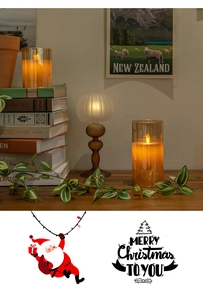 Detail of warm LED flickering candle lamps with amber glass in a cozy Christmas scene