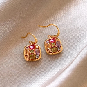 Colorful Zircon Square Drop Earrings 18K Gold Plated Copper Geometric Dangle Ear Hooks Elegant Jewelry For Women