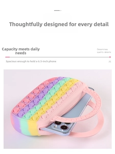 Rainbow silicone pop-it purse detail showing large space for 6.5 inch phones