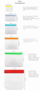 Detailed size chart for reusable PEVA food storage bags with 6 dimensions and weight specs