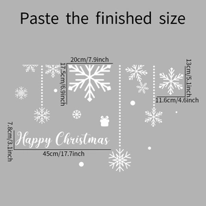 Detailed dimension layout of white snowflake wall stickers with Happy Christmas text