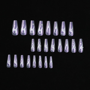 Long coffin press-on nails with purple gradient, white flame patterns and pearls