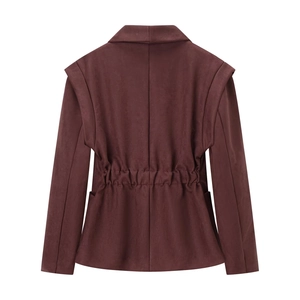 Back view of a burgundy faux suede jacket featuring a notched lapel and elastic waist