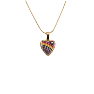 Golden heart pendant necklace with purple enamel and rainbow stripes for women