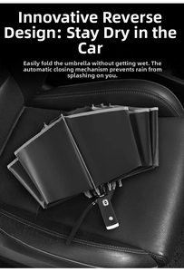 Detail of a black reverse folding umbrella with an automatic handle on a car leather seat