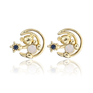 Gold plated bear on crescent moon stud earrings with opal and blue star accents
