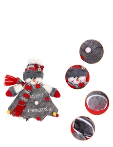 Detail of grey felt snowman gift bag with red plaid scarf and Merry Christmas print