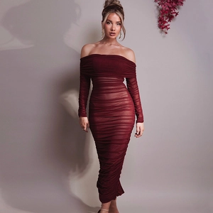 Women Off Shoulder Ruched Mesh Maxi Dress Long Sleeve Slim Fit Sexy Party Bodycon Long Gown