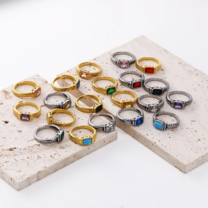 Vintage French Style Titanium Steel Ring For Women With Rectangular Colorful Zircon Twisted Rope Band Elegant Jewelry
