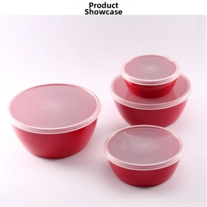 Detail of red 4-piece nesting food storage bowls with semi-transparent airtight lids