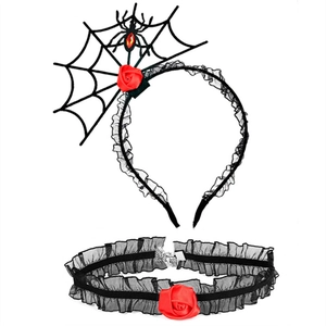 Halloween headband and choker set with black spider web lace and red roses décor