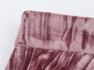 Detail of high-gloss velvet fabric waist stitching and texture in mauve on women blazer