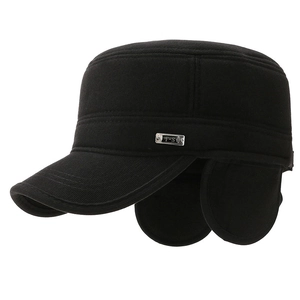 Men's winter flat top cap with thick lining and foldable ear flaps in black cotton fabric
