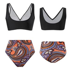 Detailed flat lay of women's two-piece swimsuit with V-neck top and paisley bikini bottom