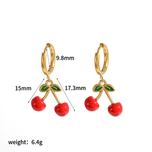Gold cherry pendant earrings with red enamel fruit and green leaves for women