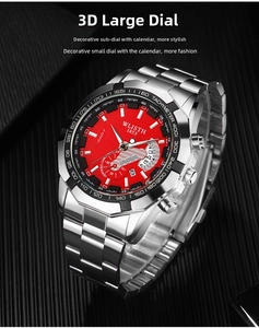 Vue macro d'une montre pour homme étanche avec cadran rouge et bracelet en acier inoxydable