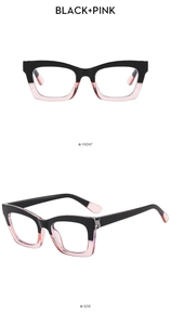 Front and side macro views of fashion cat-eye glasses with black and pink color contrast