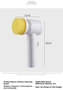 Detail view of handheld electric cleaning brush dimensions with yellow sponge head attachment
