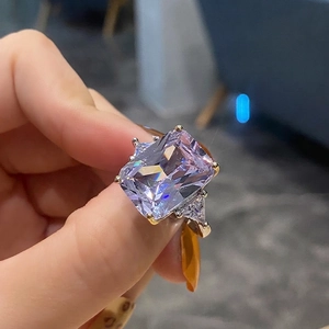 Elegant Women Ring Rectangular Lavender Stone Triangle Side Zircon Silver Plated Adjustable Fashion Jewelry