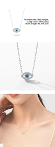 Macro view of S925 silver evil eye necklace showing dimensions and turquoise zircon details