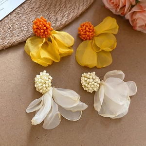 Elegant acrylic chiffon flower tassel clip-on earrings in yellow and creamy white colors
