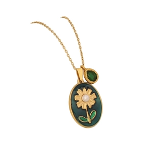 Vintage floral pendant necklace with green daisy oval charm and teardrop gem details