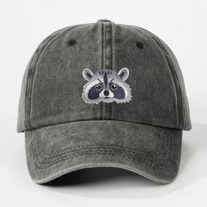 Vintage washed dark grey baseball cap featuring a detailed raccoon embroidery on the front