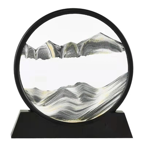 Modern round moving sand art hourglass with black frame for office and home desktop decor