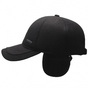 Winter black fleece baseball cap with ear flaps and wool fabric for men's outdoor warmth