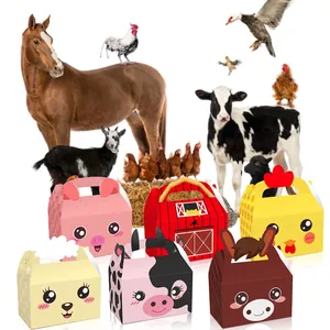 Cartoon farm animal themed paper gift boxes set featuring pig, cow, horse and chicken designs