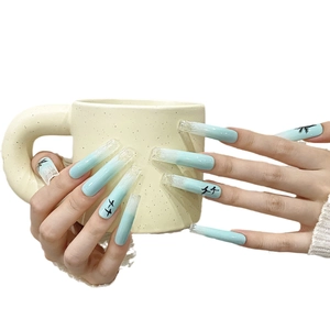 Extra long square press-on nails with light blue gradient and coconut tree design