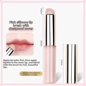 Detailed view of pink silicone lip brush with dimensions 8.0cm total length and dust cap