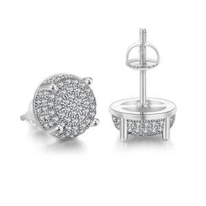 Macro shot of silver hip-hop earrings with micro-pave crystals and screw-back closures
